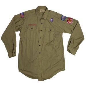 VINTAGE 70s Boy Scouts of America button‎ up shirt with sash and patches S/M